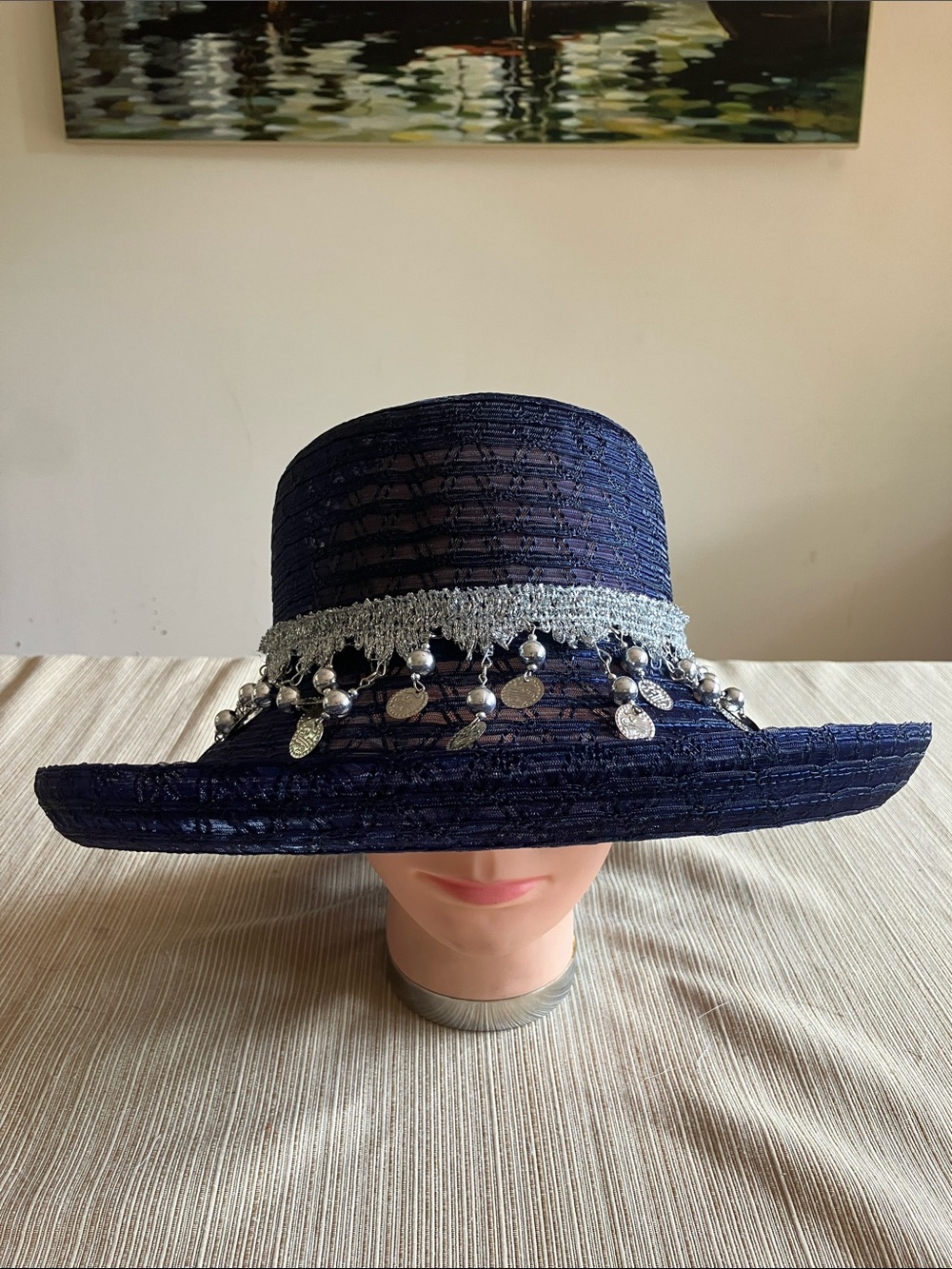 Navy Blue Women's Decorative Wide-Brim Hat with Silver Coin Trim